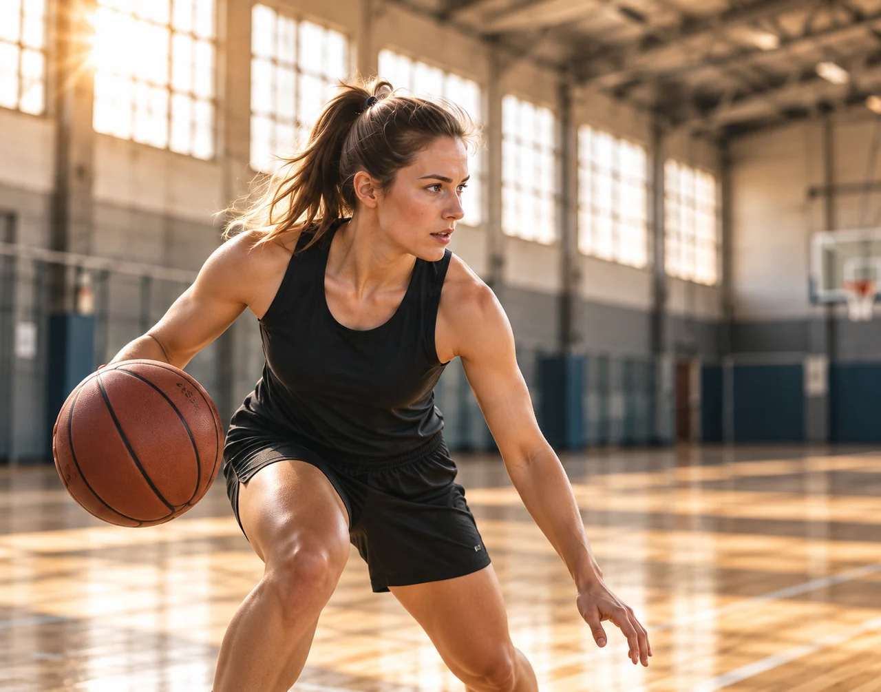 A basketball athlete practicing her dribbling in a sunlit court