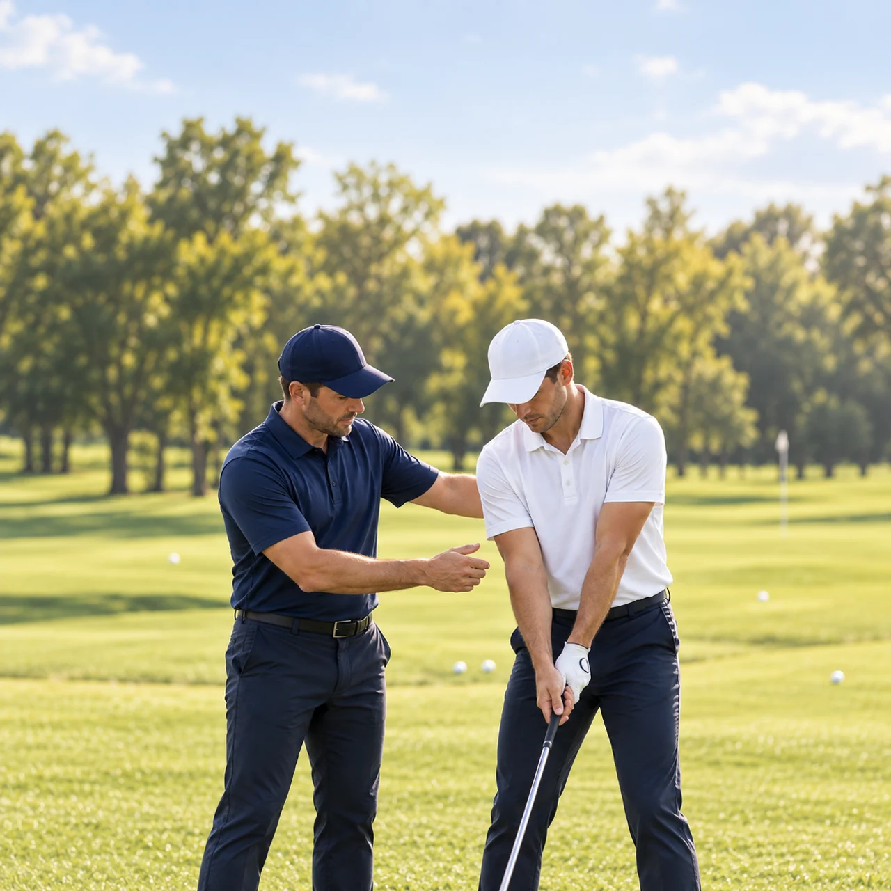 A coach helping an adult golfer refine his technique