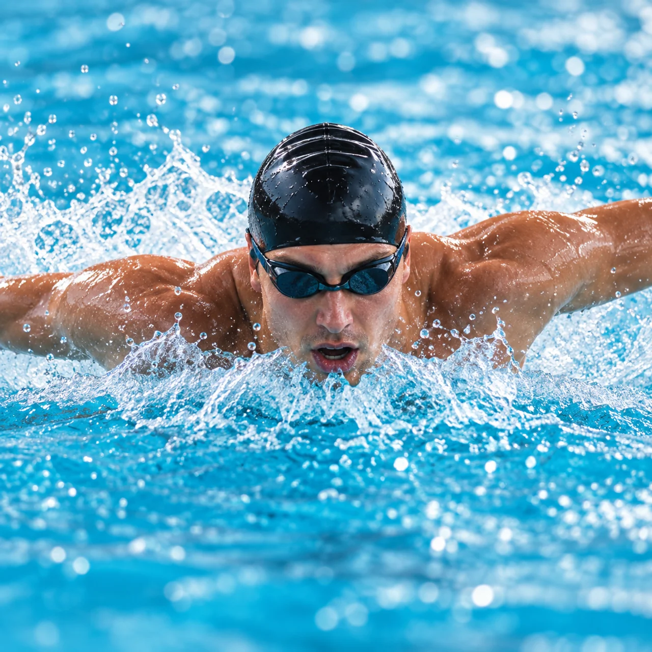 A swimmer moving through the water with a butterfly stroke